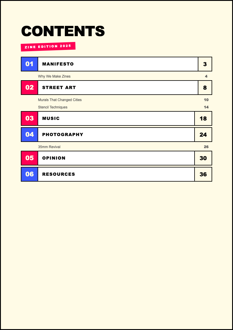 Neo brutalist table of contents
